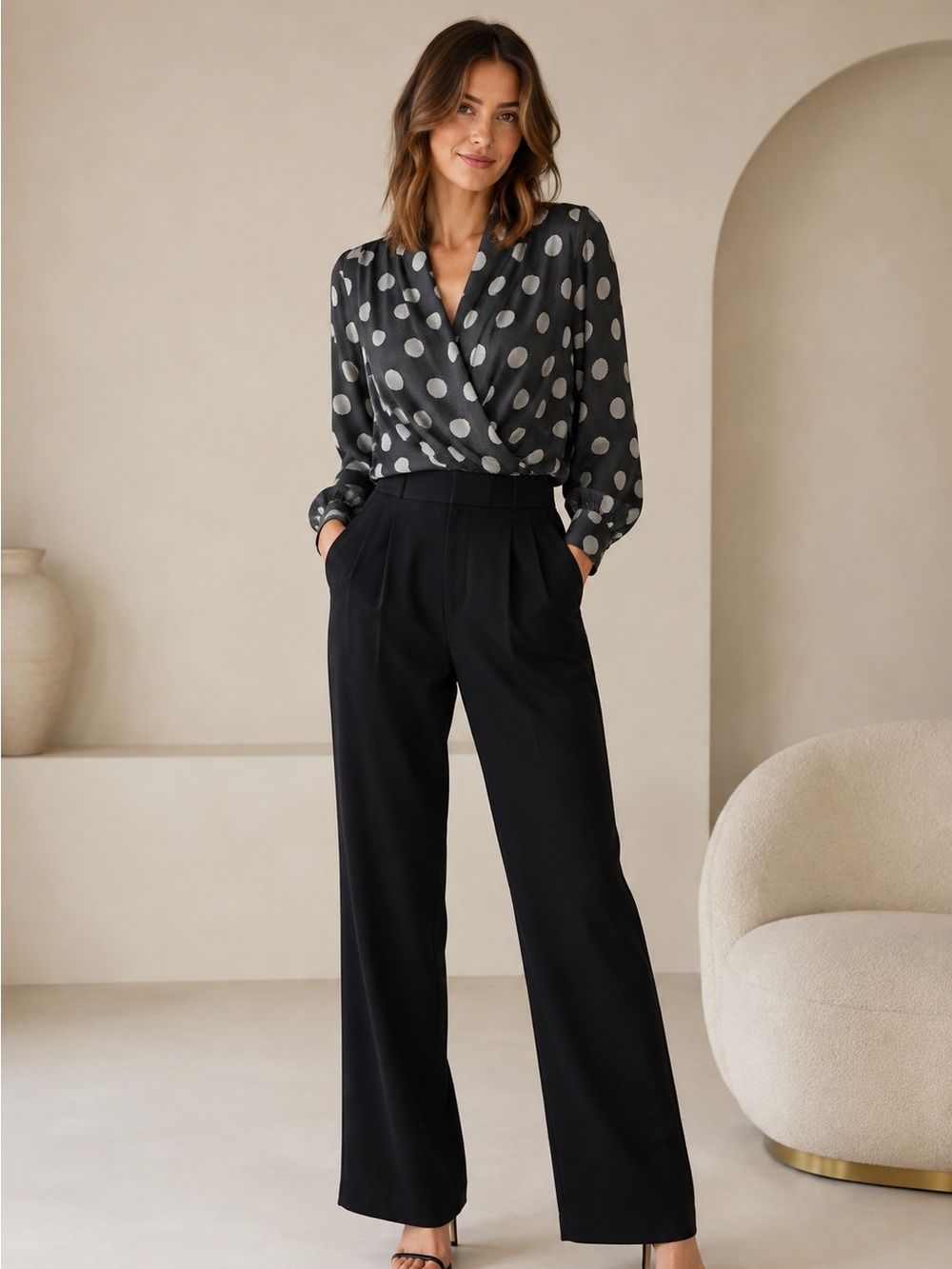 Anthropologie Pleione Black Polka Dot Wrap Blouse - Picture 1 of 6